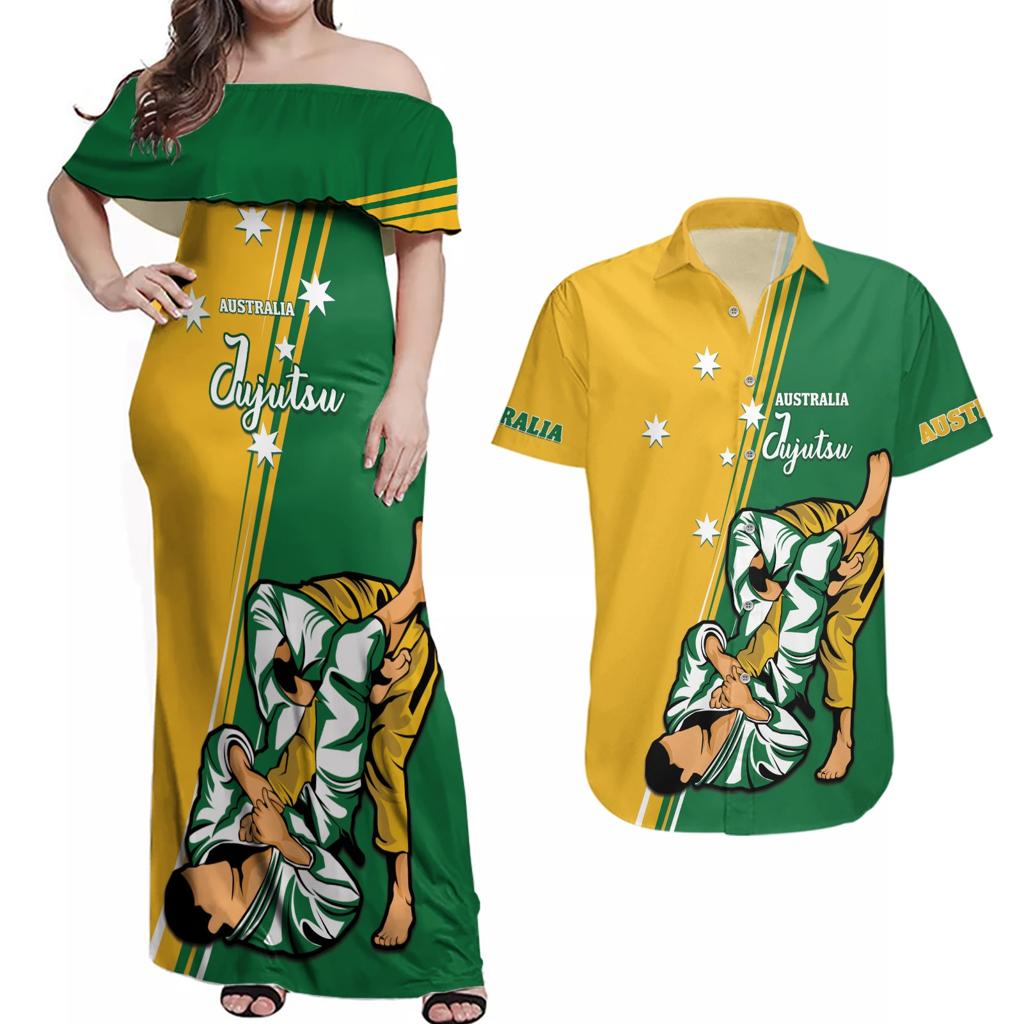 Australia Jujitsu Couples Matching Off Shoulder Maxi Dress and Hawaiian Shirt Tap Out Or Pass Out National Color