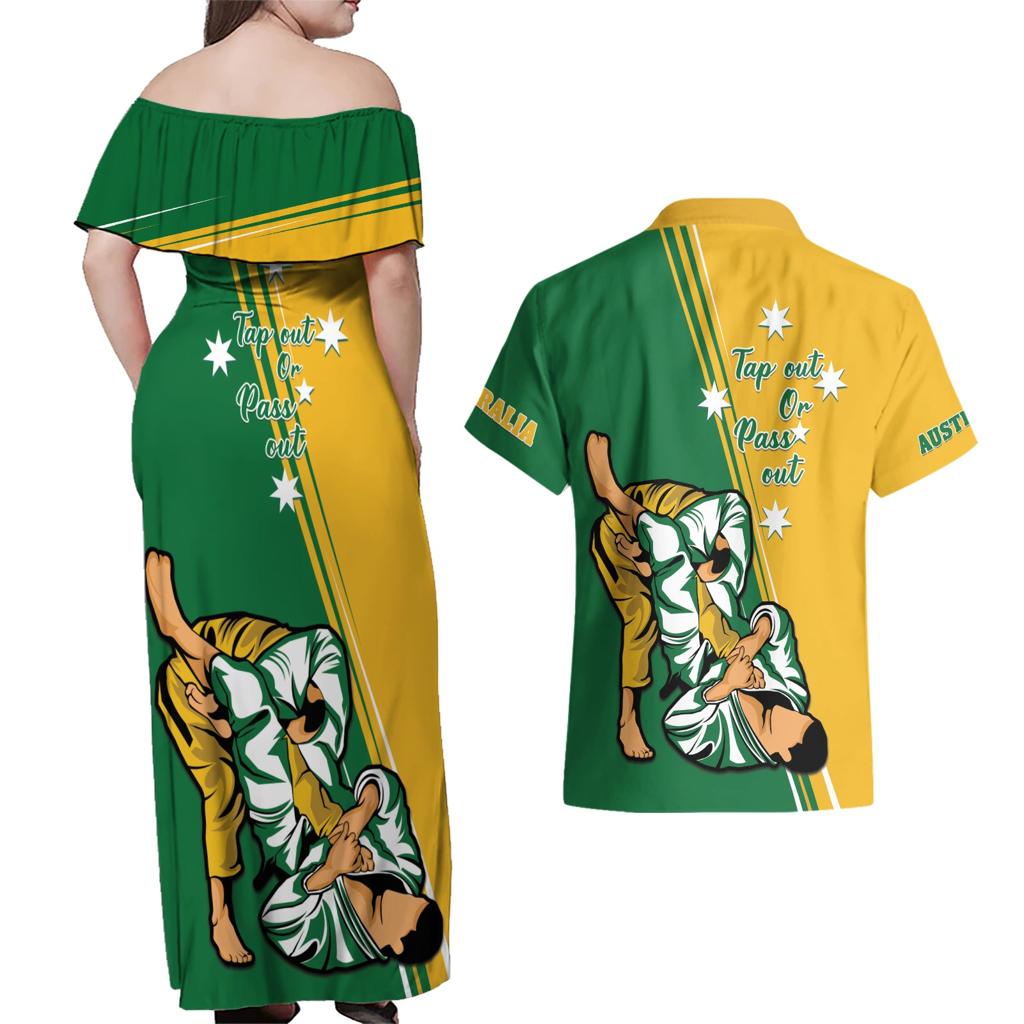 Australia Jujitsu Couples Matching Off Shoulder Maxi Dress and Hawaiian Shirt Tap Out Or Pass Out National Color