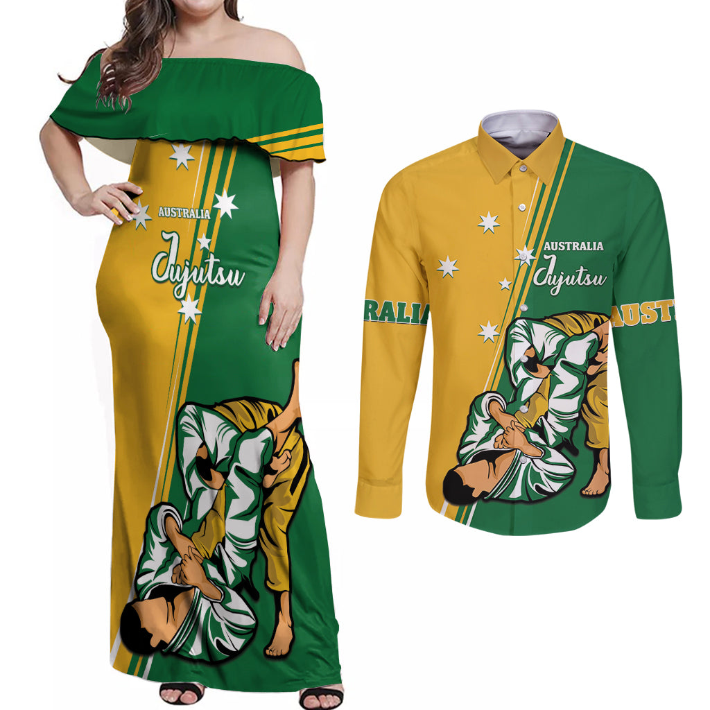 Australia Jujitsu Couples Matching Off Shoulder Maxi Dress and Long Sleeve Button Shirt Tap Out Or Pass Out National Color