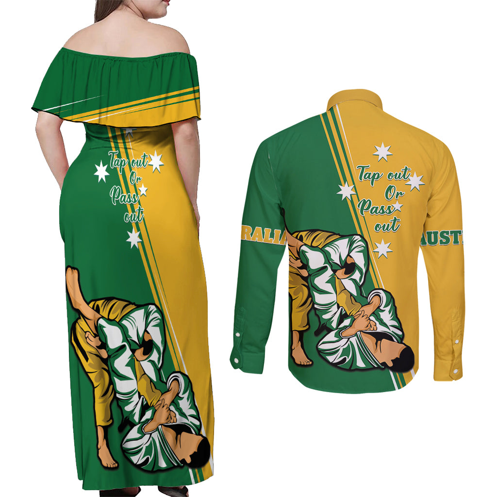 Australia Jujitsu Couples Matching Off Shoulder Maxi Dress and Long Sleeve Button Shirt Tap Out Or Pass Out National Color