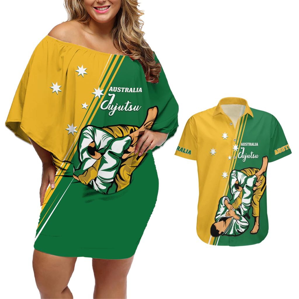 Australia Jujitsu Couples Matching Off Shoulder Short Dress and Hawaiian Shirt Tap Out Or Pass Out National Color
