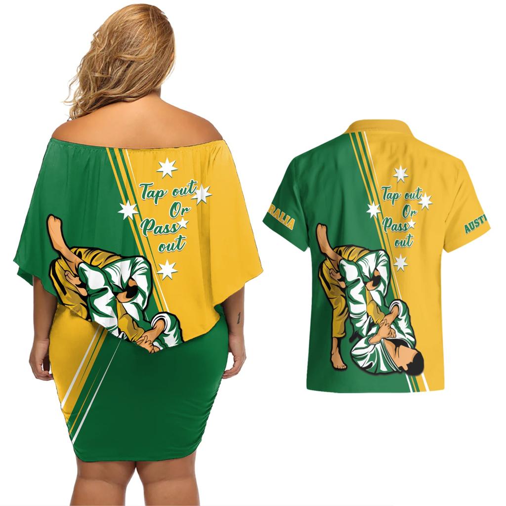 Australia Jujitsu Couples Matching Off Shoulder Short Dress and Hawaiian Shirt Tap Out Or Pass Out National Color