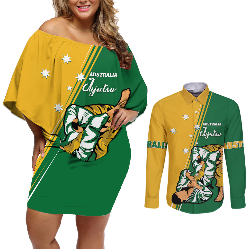 Australia Jujitsu Couples Matching Off Shoulder Short Dress and Long Sleeve Button Shirt Tap Out Or Pass Out National Color