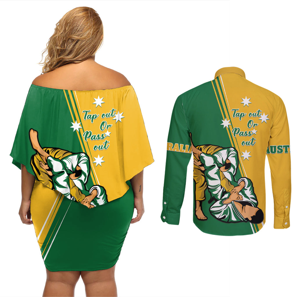 Australia Jujitsu Couples Matching Off Shoulder Short Dress and Long Sleeve Button Shirt Tap Out Or Pass Out National Color
