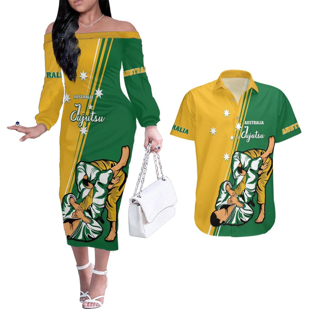 Australia Jujitsu Couples Matching Off The Shoulder Long Sleeve Dress and Hawaiian Shirt Tap Out Or Pass Out National Color