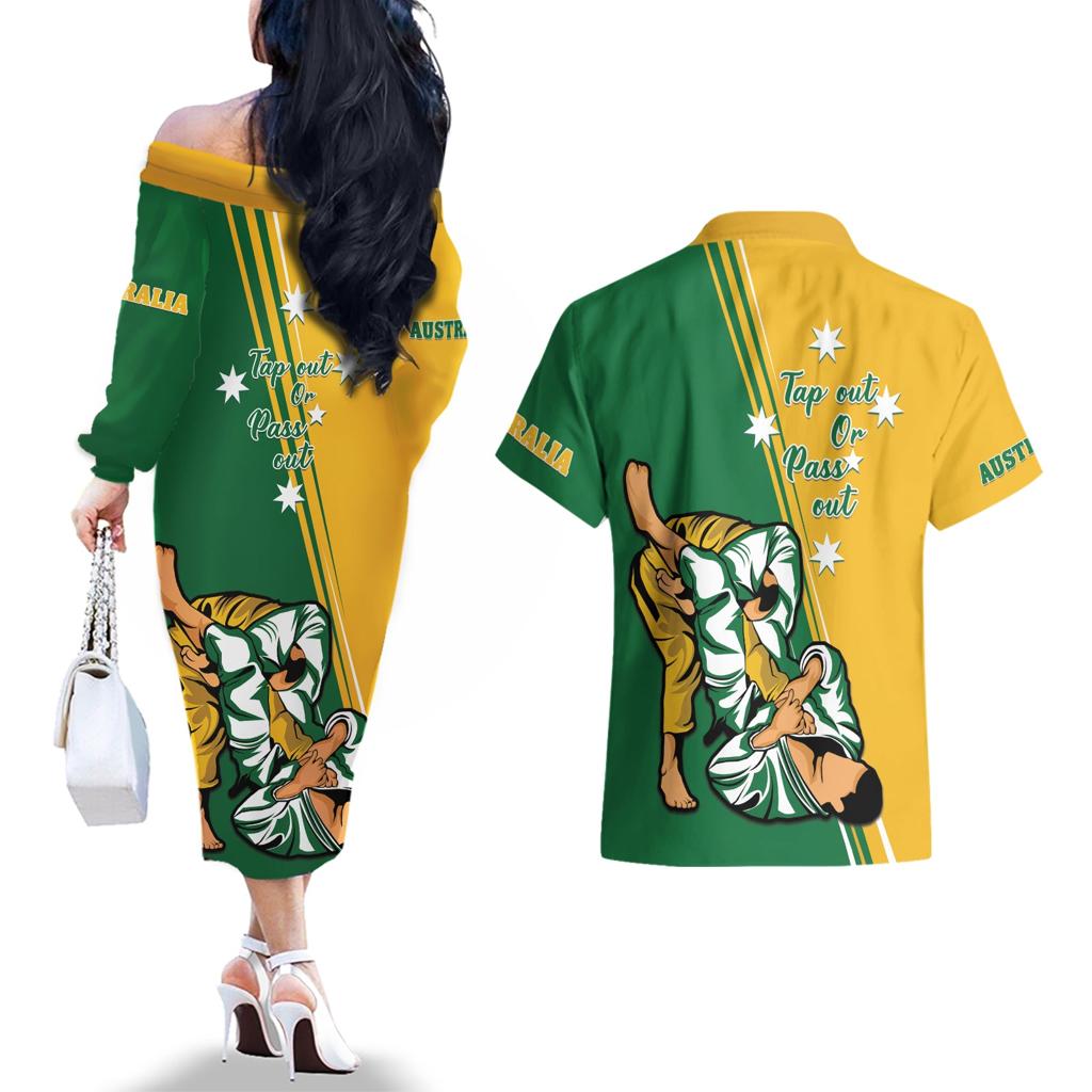 Australia Jujitsu Couples Matching Off The Shoulder Long Sleeve Dress and Hawaiian Shirt Tap Out Or Pass Out National Color