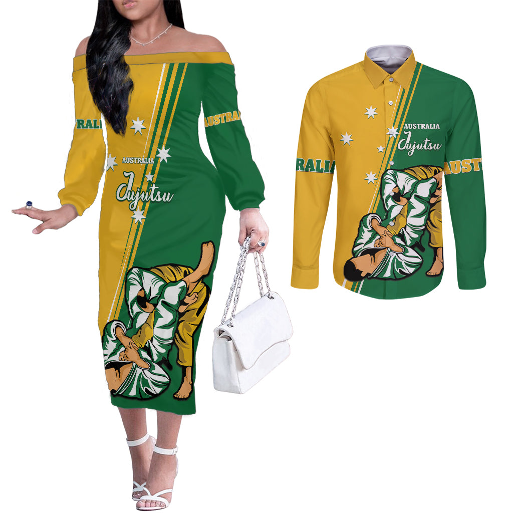 Australia Jujitsu Couples Matching Off The Shoulder Long Sleeve Dress and Long Sleeve Button Shirt Tap Out Or Pass Out National Color