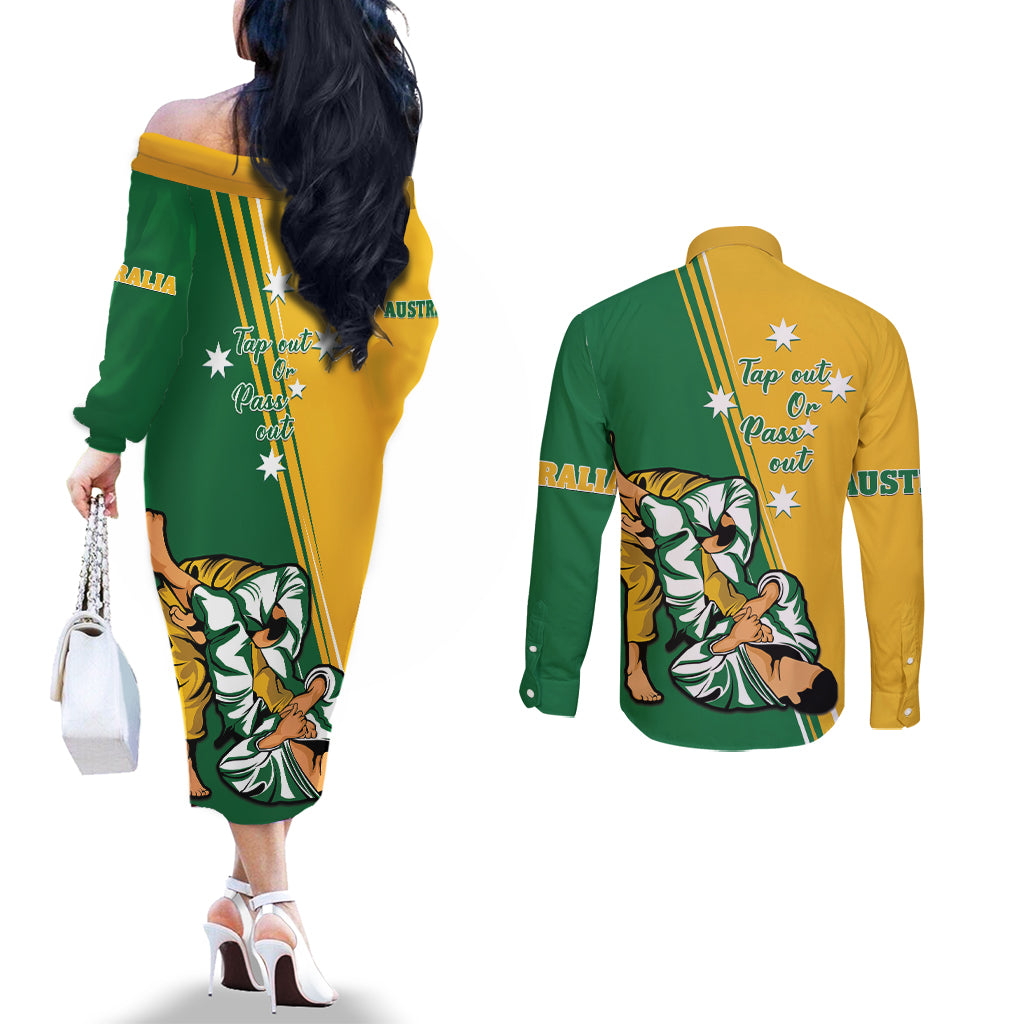 Australia Jujitsu Couples Matching Off The Shoulder Long Sleeve Dress and Long Sleeve Button Shirt Tap Out Or Pass Out National Color