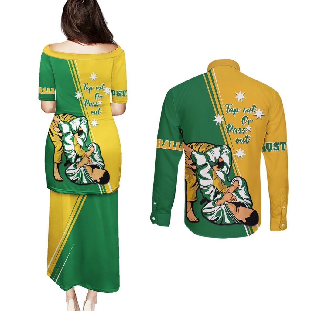 Australia Jujitsu Couples Matching Puletasi and Long Sleeve Button Shirt Tap Out Or Pass Out National Color