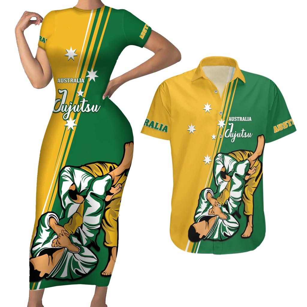 Australia Jujitsu Couples Matching Short Sleeve Bodycon Dress and Hawaiian Shirt Tap Out Or Pass Out National Color