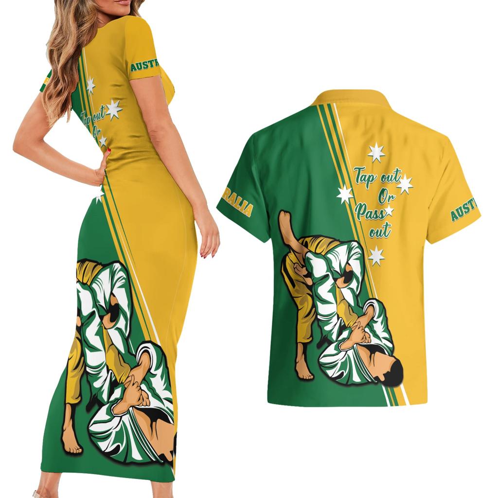 Australia Jujitsu Couples Matching Short Sleeve Bodycon Dress and Hawaiian Shirt Tap Out Or Pass Out National Color