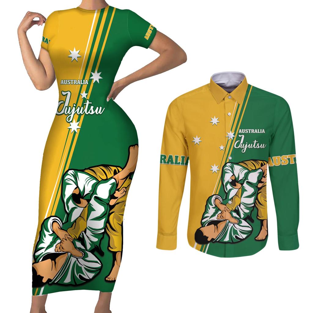 Australia Jujitsu Couples Matching Short Sleeve Bodycon Dress and Long Sleeve Button Shirt Tap Out Or Pass Out National Color