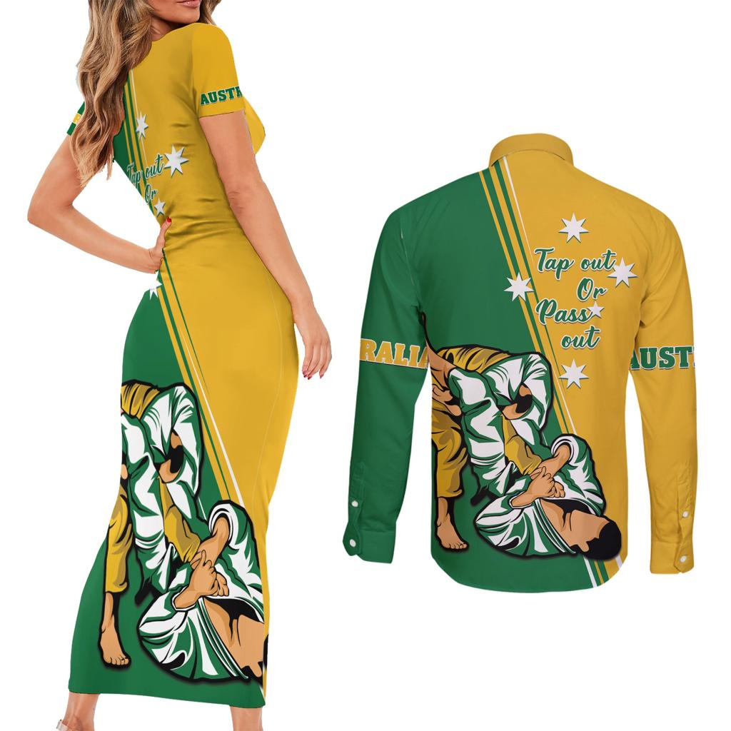 Australia Jujitsu Couples Matching Short Sleeve Bodycon Dress and Long Sleeve Button Shirt Tap Out Or Pass Out National Color