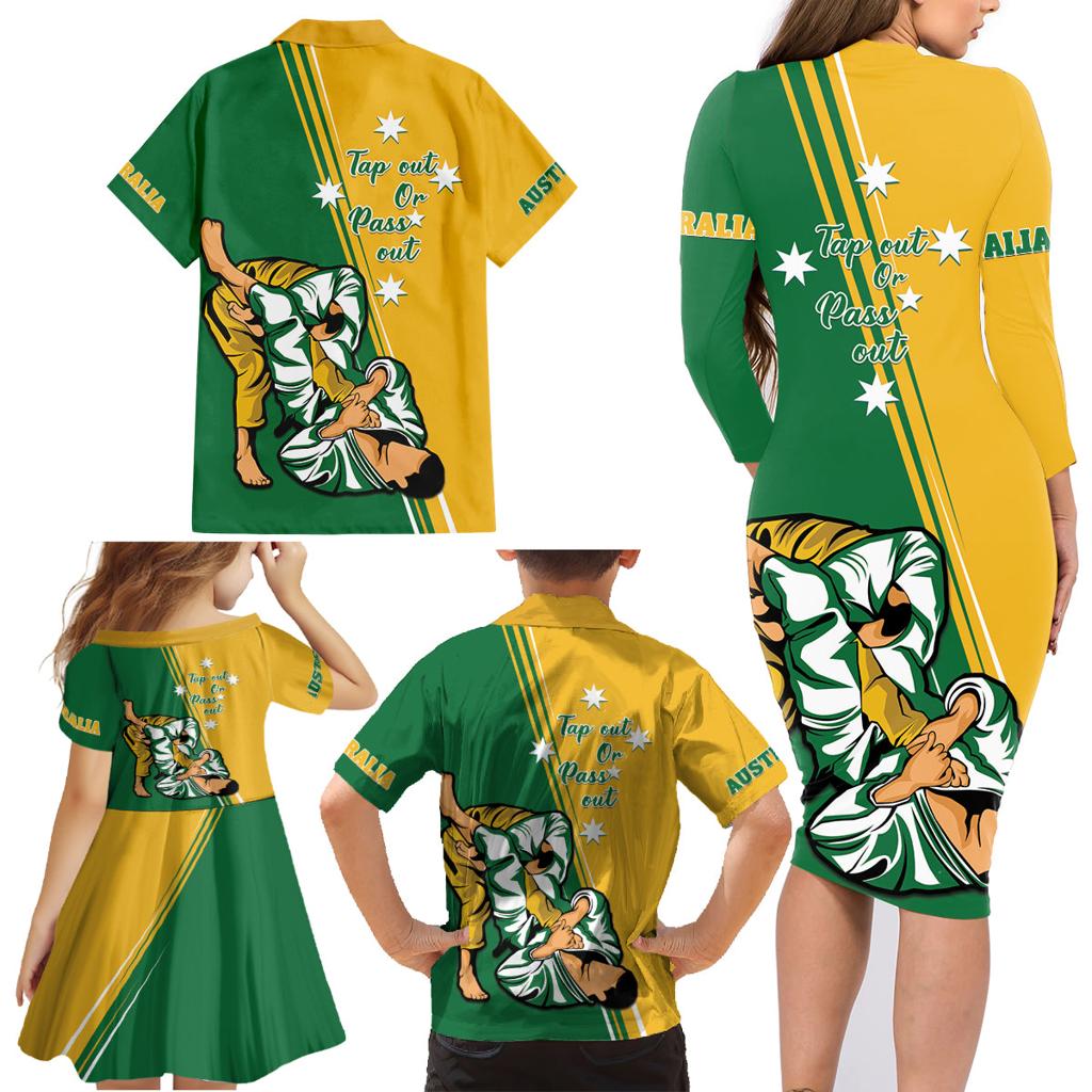 Australia Jujitsu Family Matching Long Sleeve Bodycon Dress and Hawaiian Shirt Tap Out Or Pass Out National Color