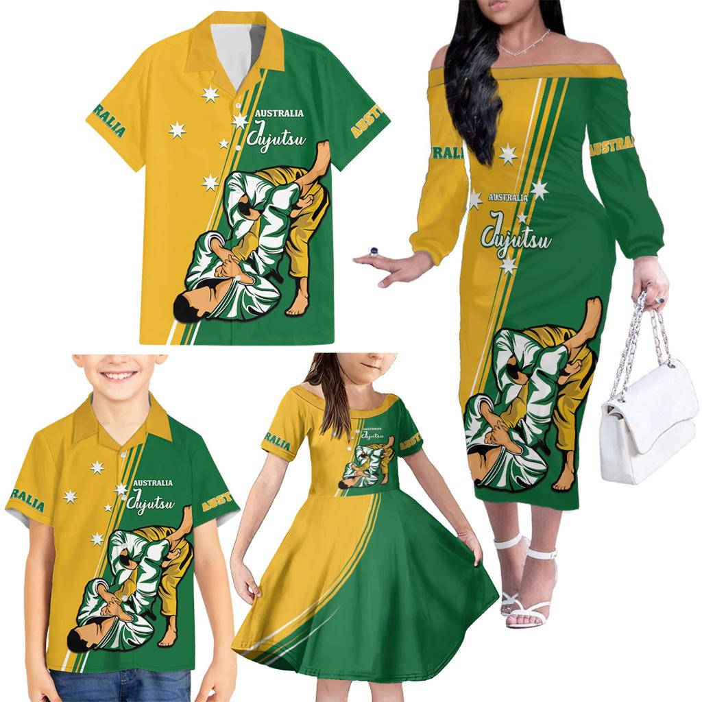 Australia Jujitsu Family Matching Off Shoulder Long Sleeve Dress and Hawaiian Shirt Tap Out Or Pass Out National Color