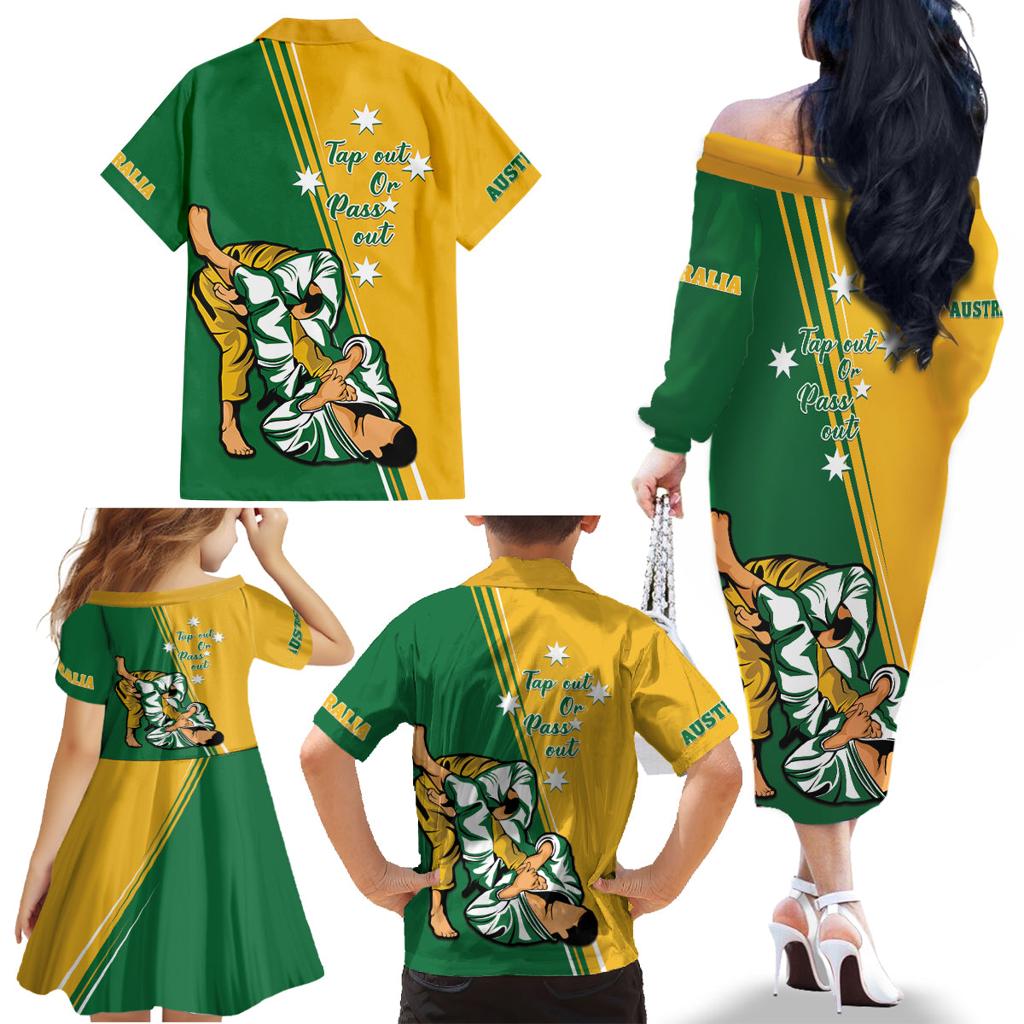 Australia Jujitsu Family Matching Off Shoulder Long Sleeve Dress and Hawaiian Shirt Tap Out Or Pass Out National Color