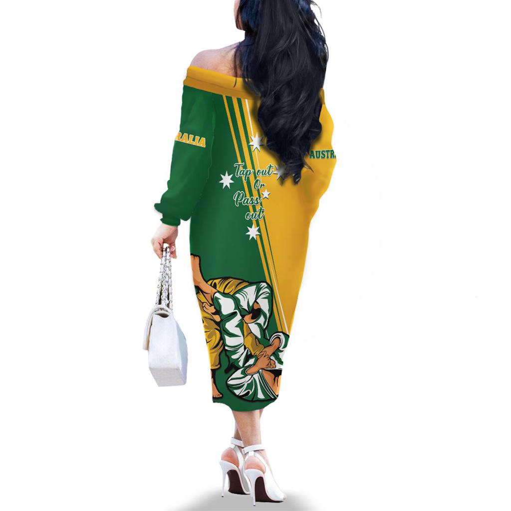 Australia Jujitsu Family Matching Off Shoulder Long Sleeve Dress and Hawaiian Shirt Tap Out Or Pass Out National Color