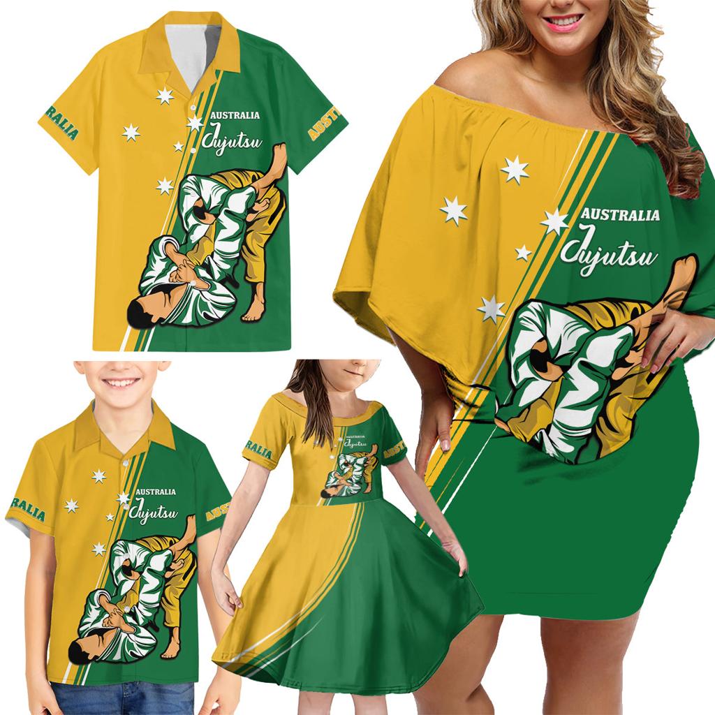Australia Jujitsu Family Matching Off Shoulder Short Dress and Hawaiian Shirt Tap Out Or Pass Out National Color