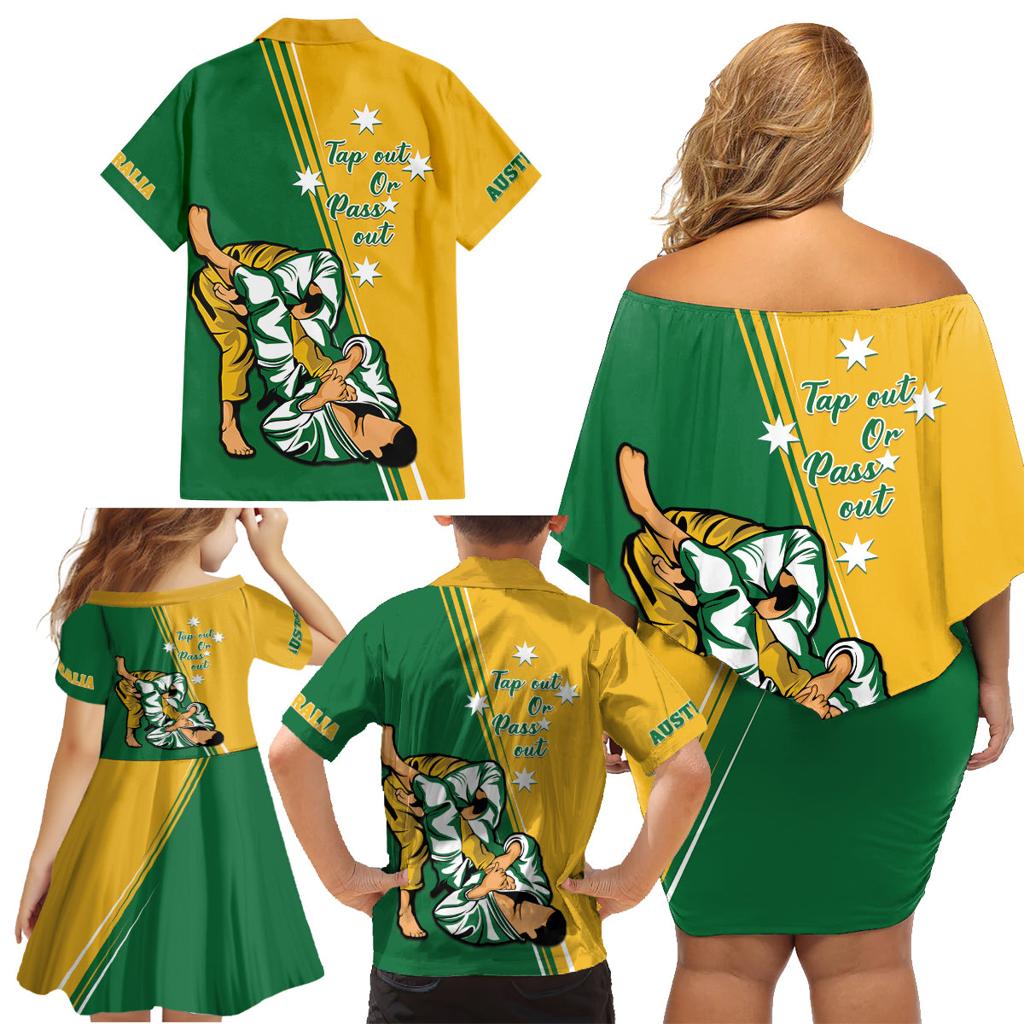 Australia Jujitsu Family Matching Off Shoulder Short Dress and Hawaiian Shirt Tap Out Or Pass Out National Color