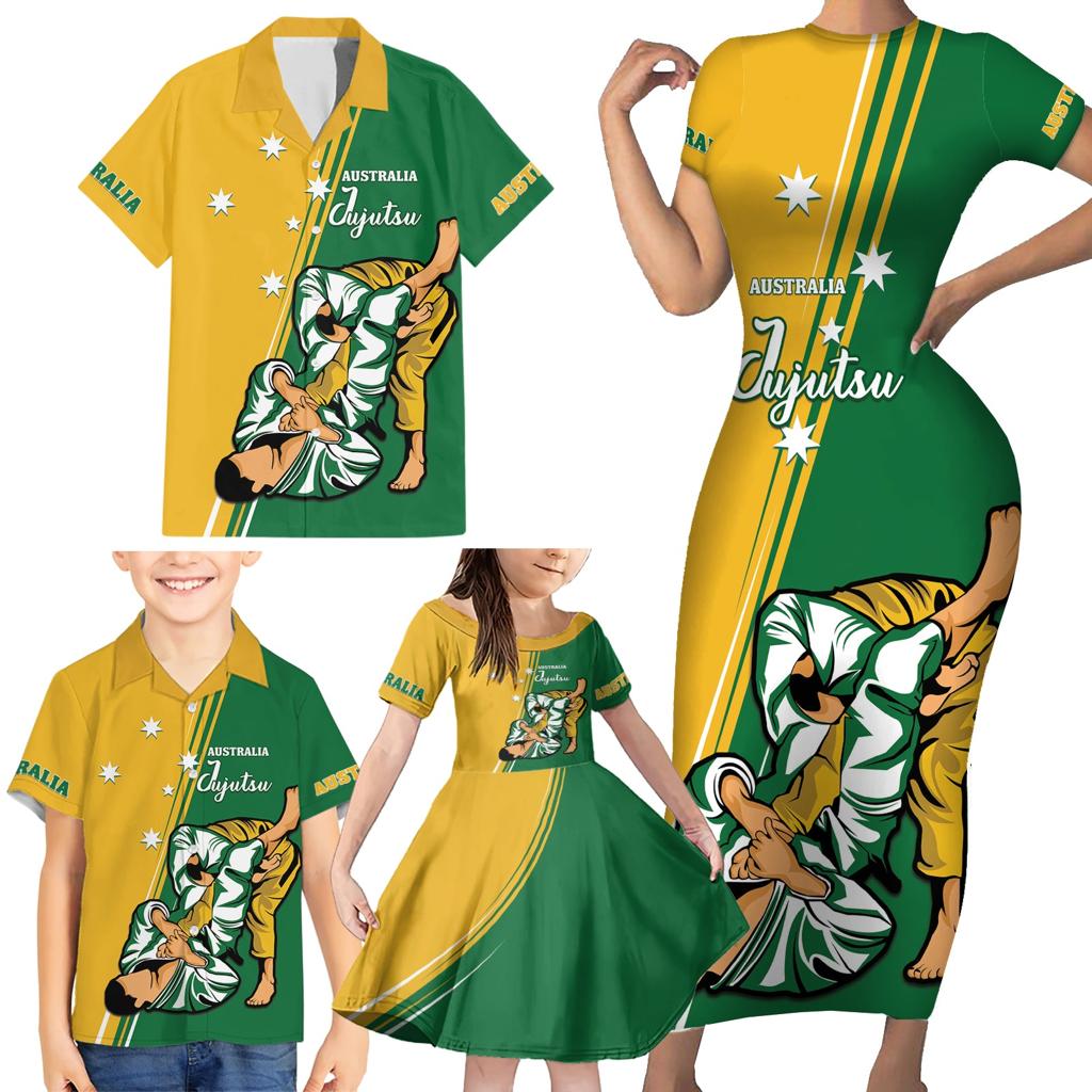 Australia Jujitsu Family Matching Short Sleeve Bodycon Dress and Hawaiian Shirt Tap Out Or Pass Out National Color