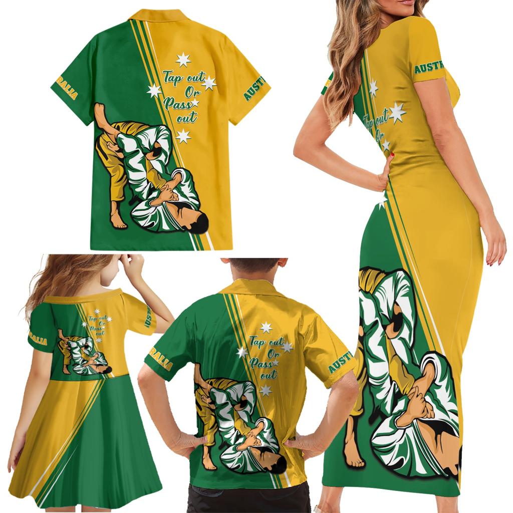Australia Jujitsu Family Matching Short Sleeve Bodycon Dress and Hawaiian Shirt Tap Out Or Pass Out National Color