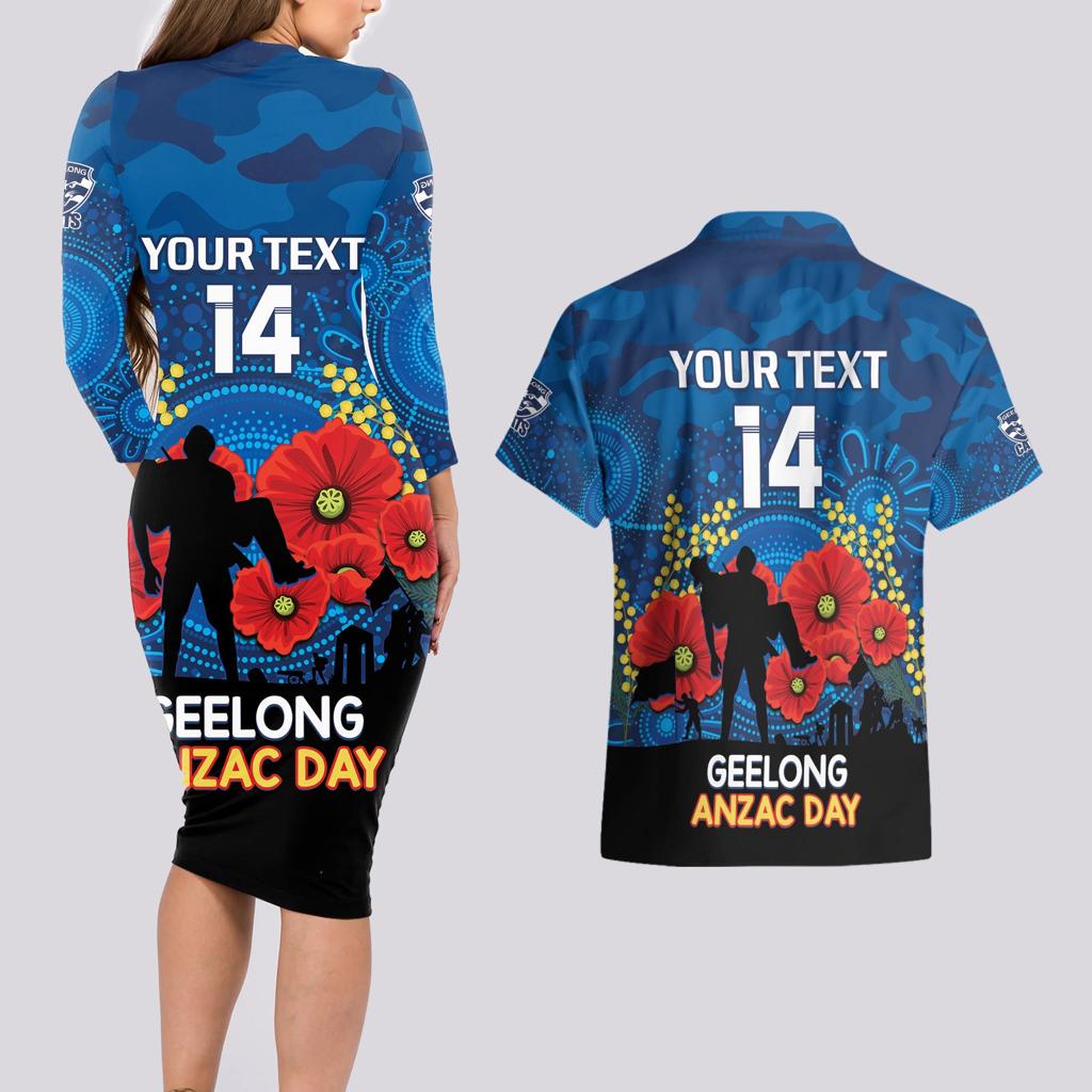 Custom Geelong Football ANZAC Couples Matching Long Sleeve Bodycon Dress and Hawaiian Shirt Gallipoli Camouflage With Poppies