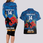 Custom Geelong Football ANZAC Couples Matching Long Sleeve Bodycon Dress and Hawaiian Shirt Gallipoli Camouflage With Poppies