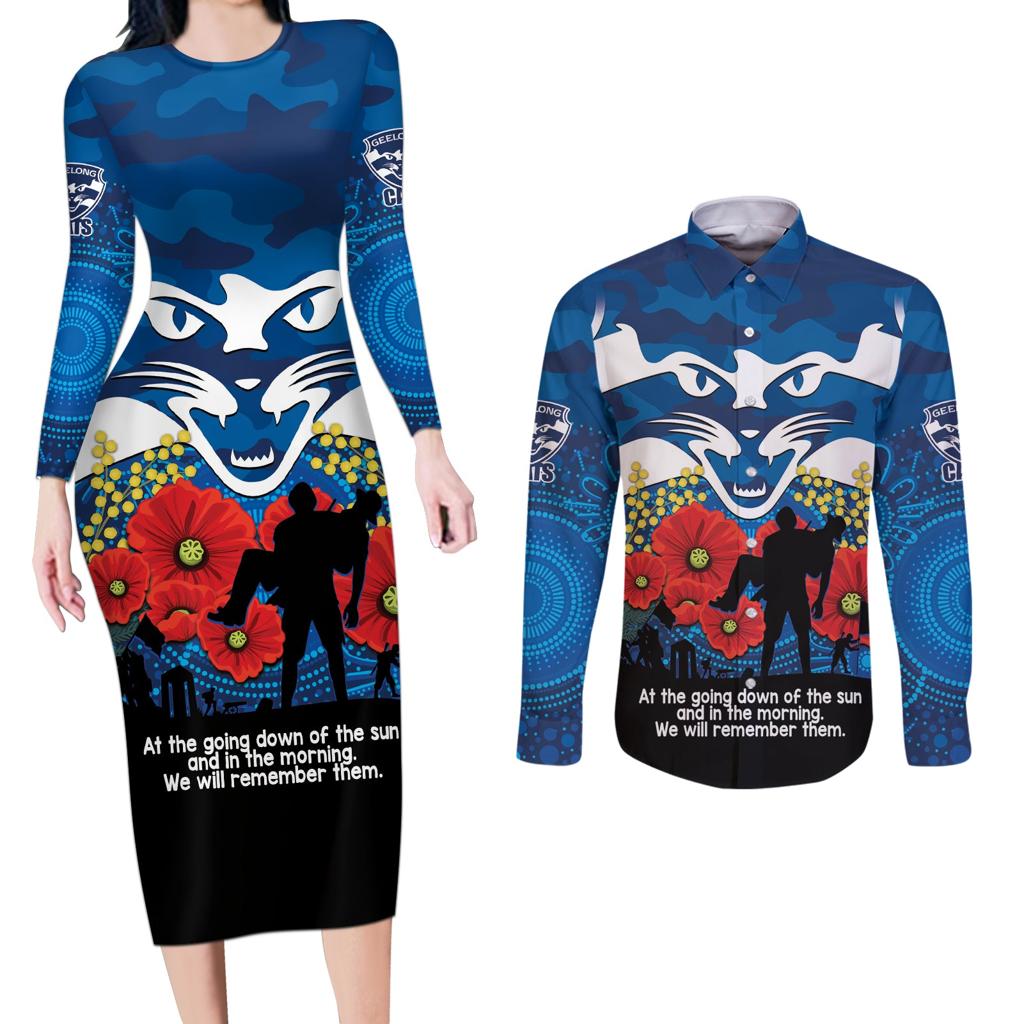 Custom Geelong Football ANZAC Couples Matching Long Sleeve Bodycon Dress and Long Sleeve Button Shirt Gallipoli Camouflage With Poppies