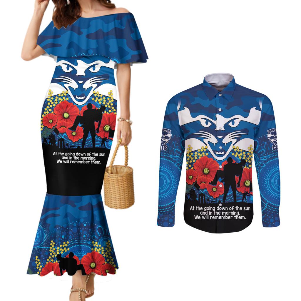 Custom Geelong Football ANZAC Couples Matching Mermaid Dress and Long Sleeve Button Shirt Gallipoli Camouflage With Poppies