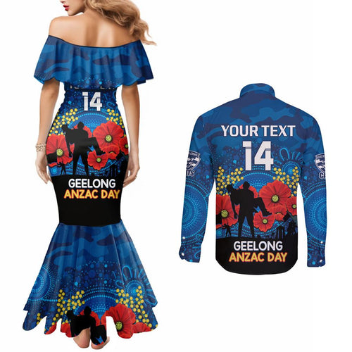 Custom Geelong Football ANZAC Couples Matching Mermaid Dress and Long Sleeve Button Shirt Gallipoli Camouflage With Poppies