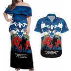 Custom Geelong Football ANZAC Couples Matching Off Shoulder Maxi Dress and Hawaiian Shirt Gallipoli Camouflage With Poppies