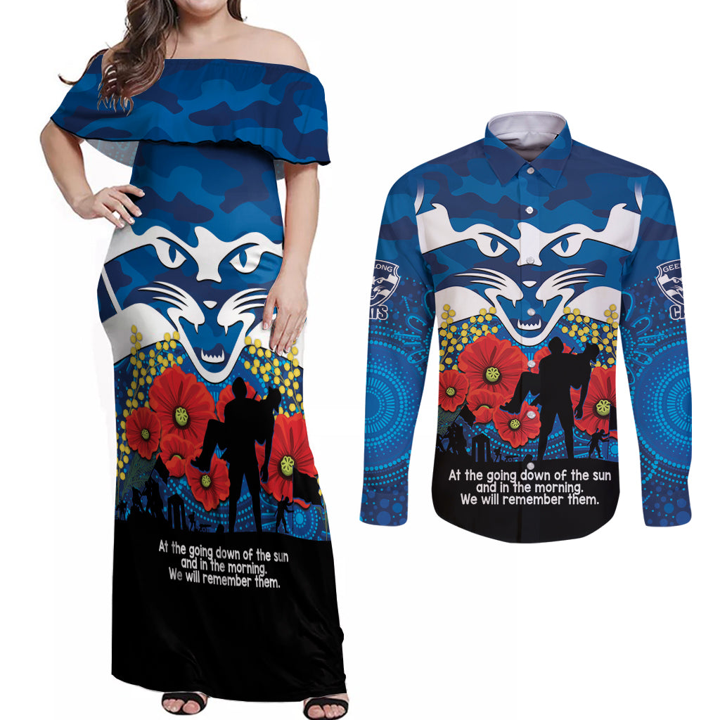 Custom Geelong Football ANZAC Couples Matching Off Shoulder Maxi Dress and Long Sleeve Button Shirt Gallipoli Camouflage With Poppies