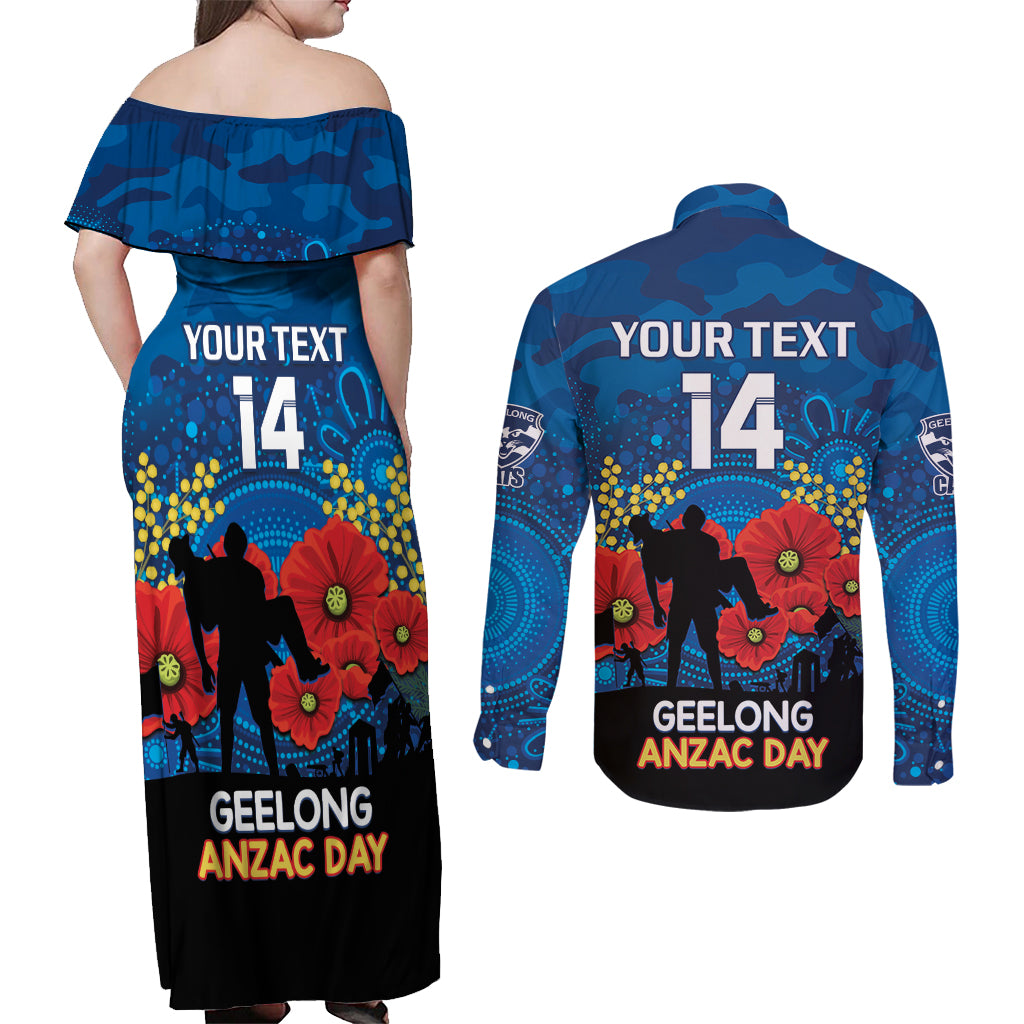 Custom Geelong Football ANZAC Couples Matching Off Shoulder Maxi Dress and Long Sleeve Button Shirt Gallipoli Camouflage With Poppies