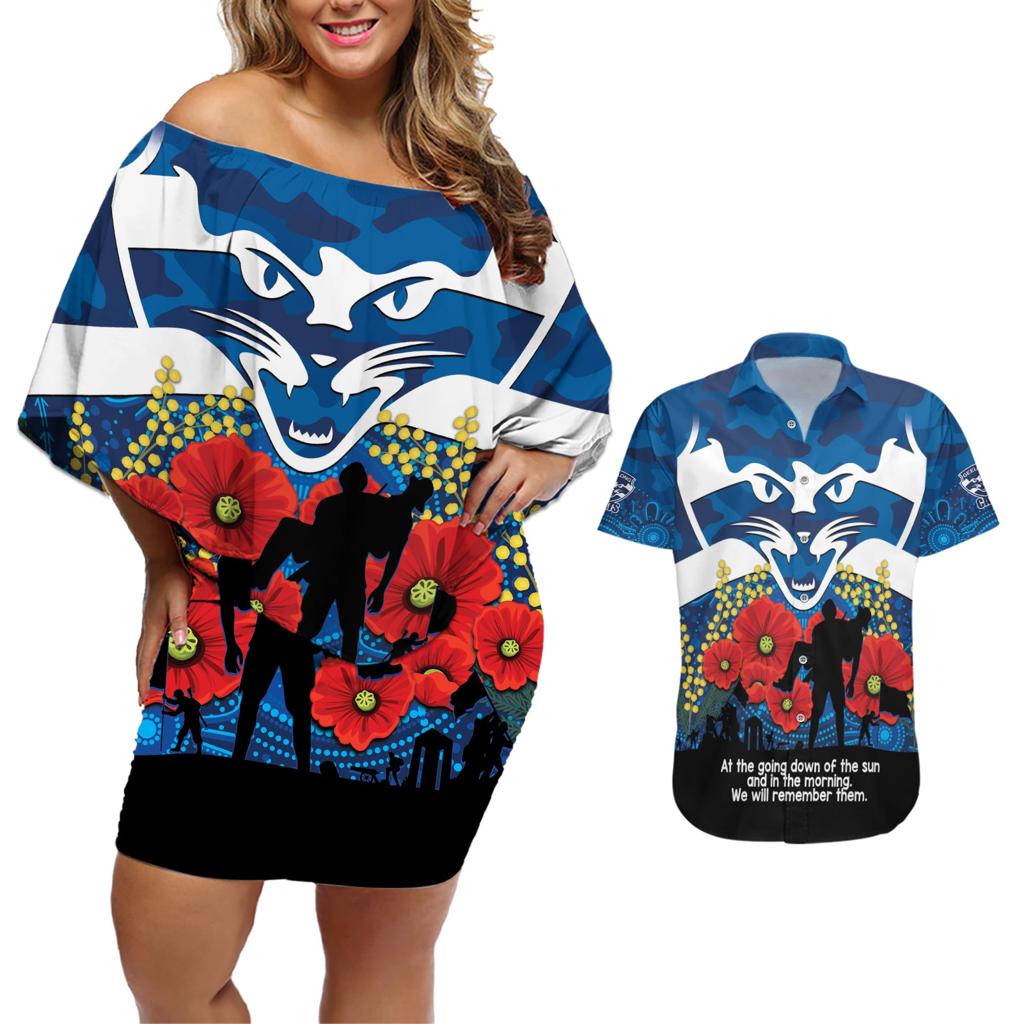 Custom Geelong Football ANZAC Couples Matching Off Shoulder Short Dress and Hawaiian Shirt Gallipoli Camouflage With Poppies