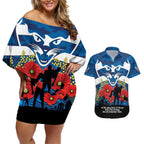 Custom Geelong Football ANZAC Couples Matching Off Shoulder Short Dress and Hawaiian Shirt Gallipoli Camouflage With Poppies