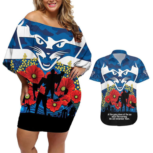 Custom Geelong Football ANZAC Couples Matching Off Shoulder Short Dress and Hawaiian Shirt Gallipoli Camouflage With Poppies