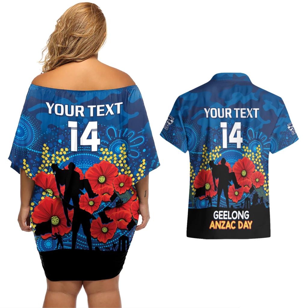 Custom Geelong Football ANZAC Couples Matching Off Shoulder Short Dress and Hawaiian Shirt Gallipoli Camouflage With Poppies