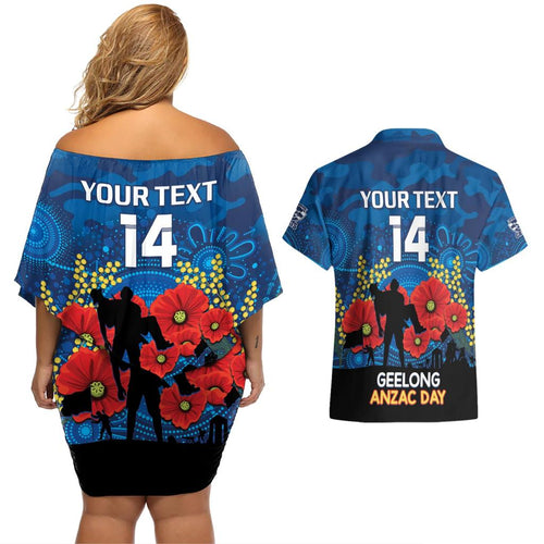 Custom Geelong Football ANZAC Couples Matching Off Shoulder Short Dress and Hawaiian Shirt Gallipoli Camouflage With Poppies