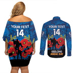Custom Geelong Football ANZAC Couples Matching Off Shoulder Short Dress and Long Sleeve Button Shirt Gallipoli Camouflage With Poppies