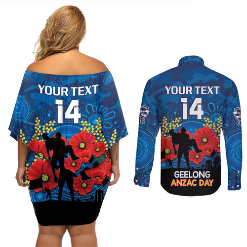 Custom Geelong Football ANZAC Couples Matching Off Shoulder Short Dress and Long Sleeve Button Shirt Gallipoli Camouflage With Poppies