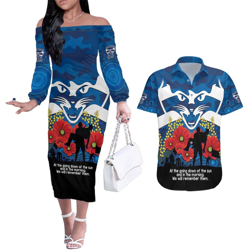 Custom Geelong Football ANZAC Couples Matching Off The Shoulder Long Sleeve Dress and Hawaiian Shirt Gallipoli Camouflage With Poppies