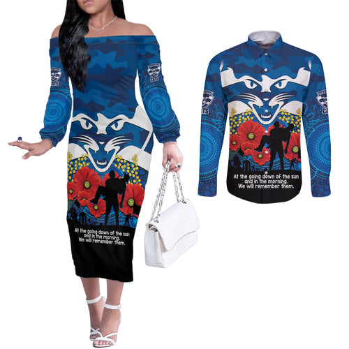 Custom Geelong Football ANZAC Couples Matching Off The Shoulder Long Sleeve Dress and Long Sleeve Button Shirt Gallipoli Camouflage With Poppies