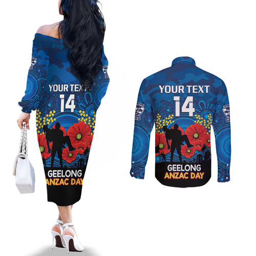 Custom Geelong Football ANZAC Couples Matching Off The Shoulder Long Sleeve Dress and Long Sleeve Button Shirt Gallipoli Camouflage With Poppies
