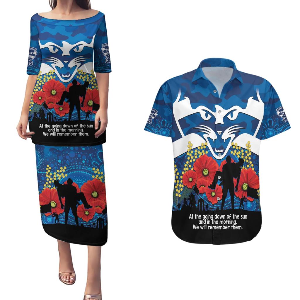 Custom Geelong Football ANZAC Couples Matching Puletasi and Hawaiian Shirt Gallipoli Camouflage With Poppies