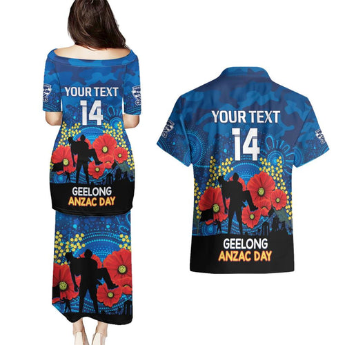 Custom Geelong Football ANZAC Couples Matching Puletasi and Hawaiian Shirt Gallipoli Camouflage With Poppies