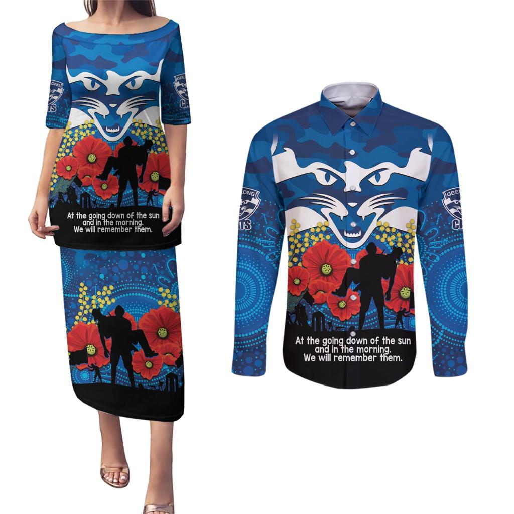 Custom Geelong Football ANZAC Couples Matching Puletasi and Long Sleeve Button Shirt Gallipoli Camouflage With Poppies