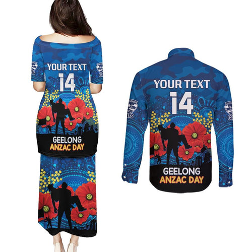 Custom Geelong Football ANZAC Couples Matching Puletasi and Long Sleeve Button Shirt Gallipoli Camouflage With Poppies