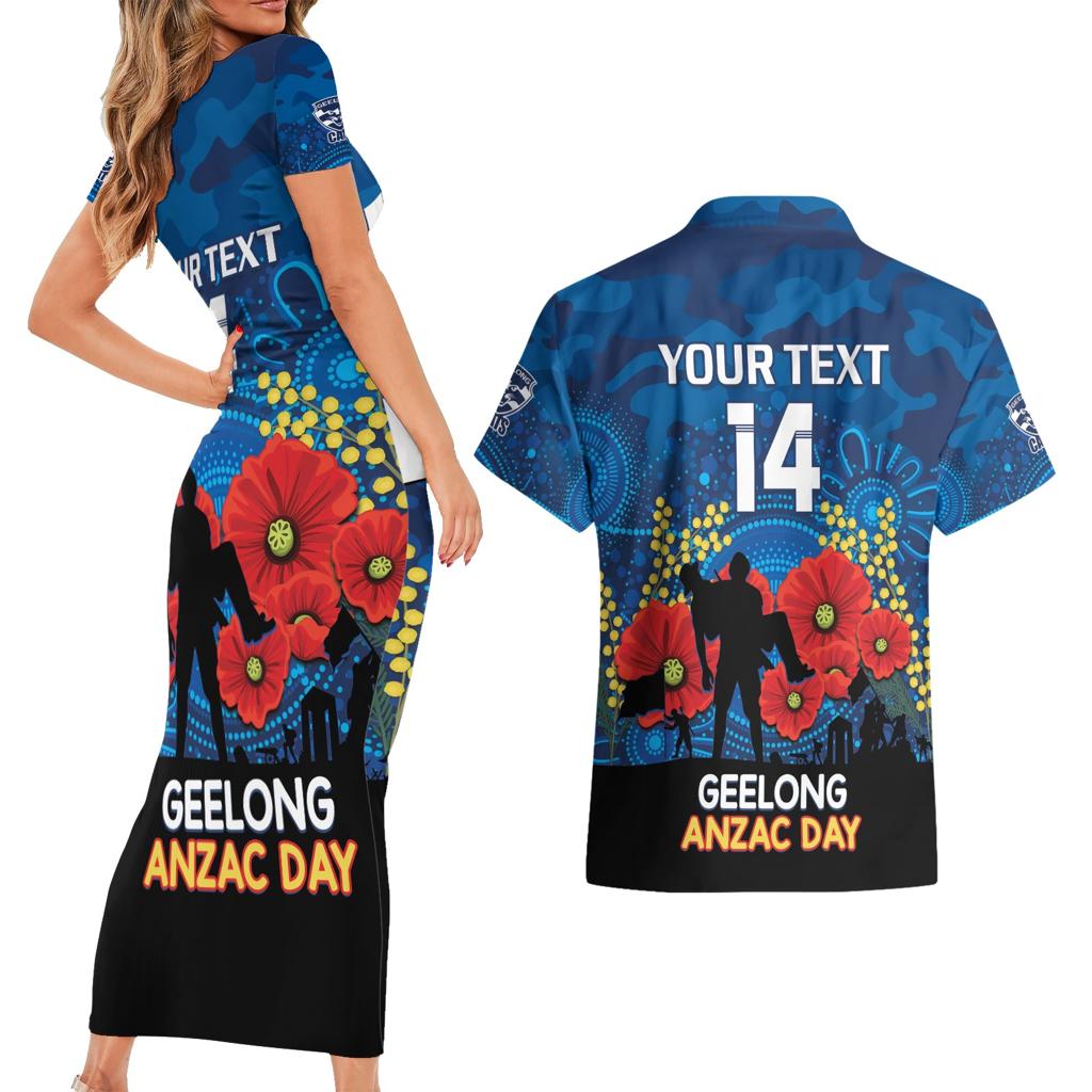 Custom Geelong Football ANZAC Couples Matching Short Sleeve Bodycon Dress and Hawaiian Shirt Gallipoli Camouflage With Poppies
