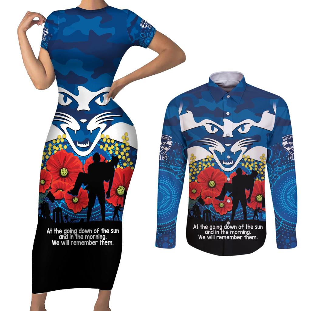 Custom Geelong Football ANZAC Couples Matching Short Sleeve Bodycon Dress and Long Sleeve Button Shirt Gallipoli Camouflage With Poppies