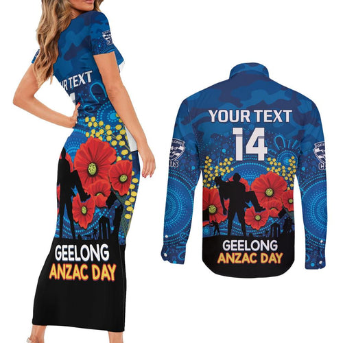 Custom Geelong Football ANZAC Couples Matching Short Sleeve Bodycon Dress and Long Sleeve Button Shirt Gallipoli Camouflage With Poppies